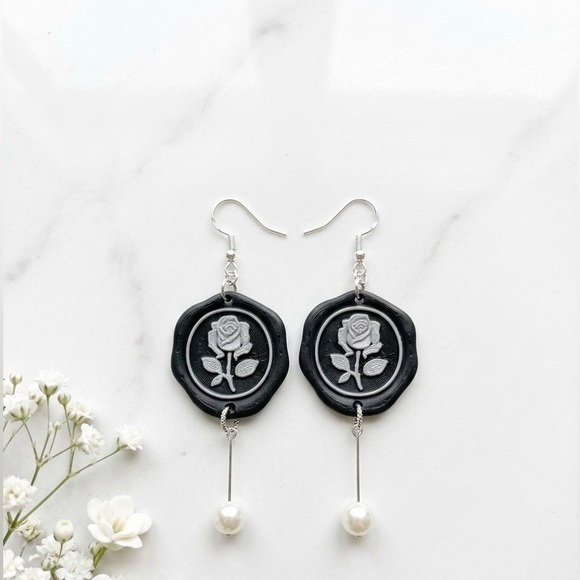 Handmade Jewelry - Black & Silver Rose Postage Stamp Earrings with Pearl Drop